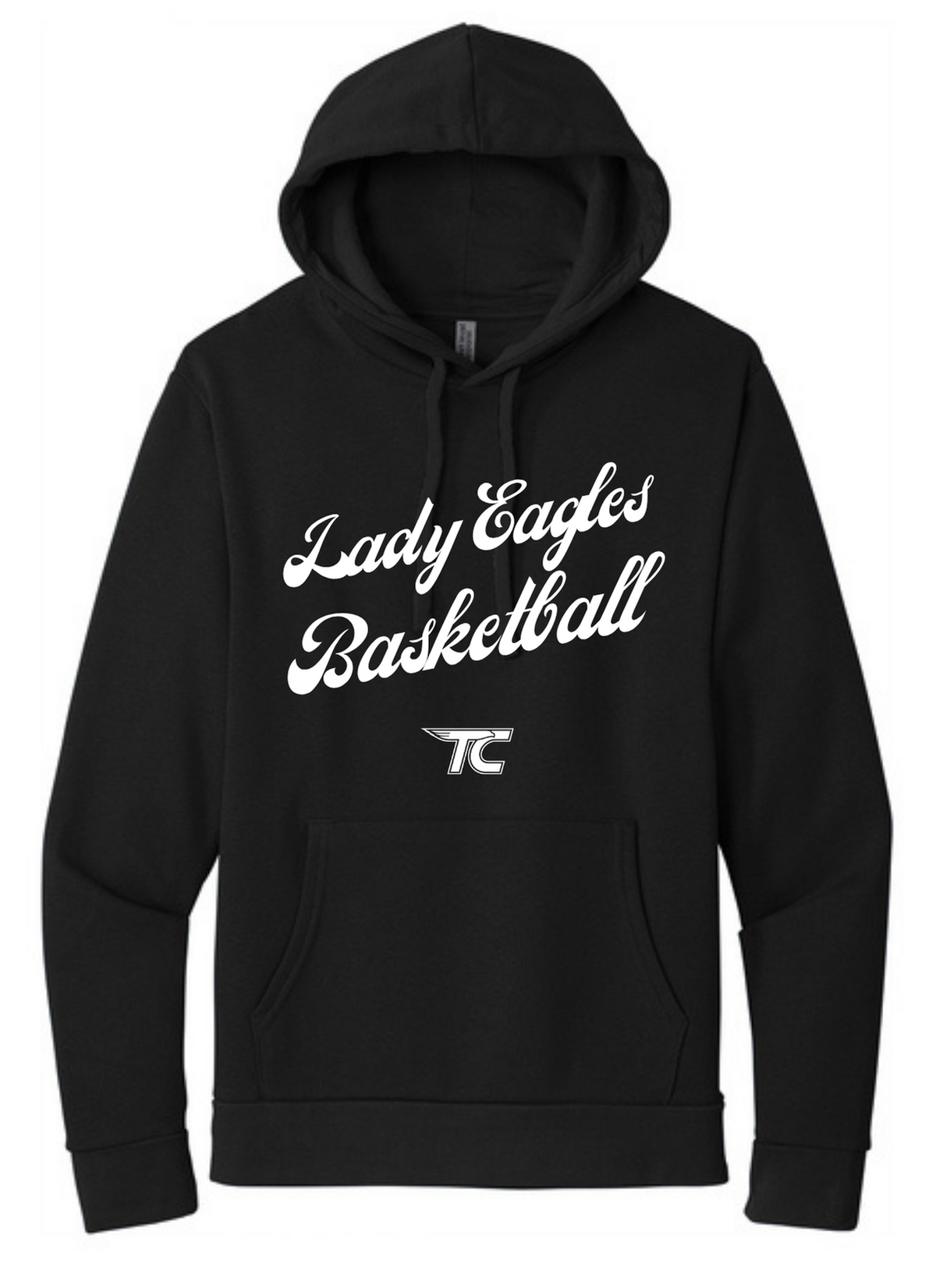 A black pullover hoodie with 'Lady Eagles Basketball' printed in white script across the chest, along with a small TC logo underneath, shown on a plain white background.